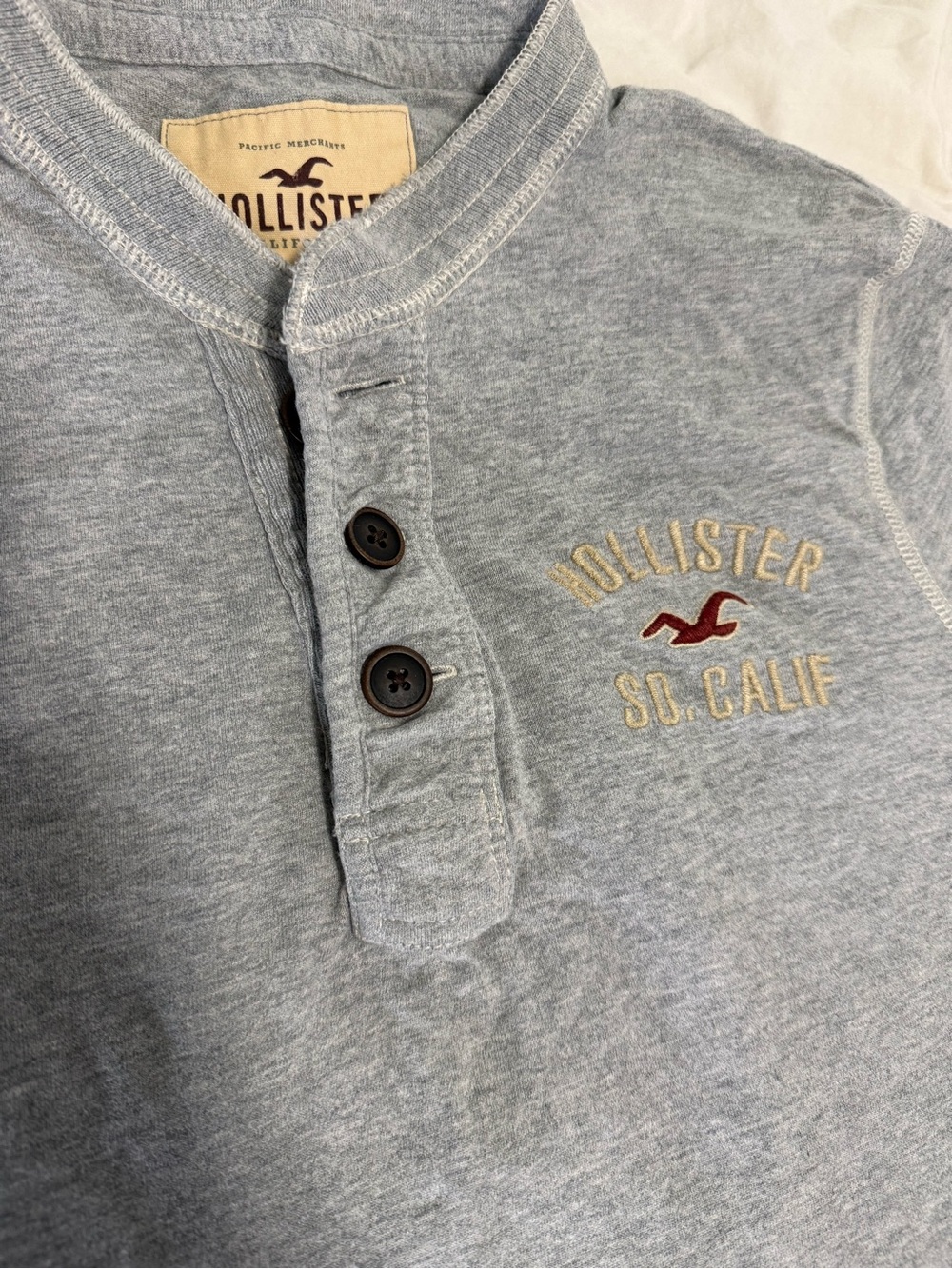 Hollister Light Gray Henley with Embroidered Red Logo